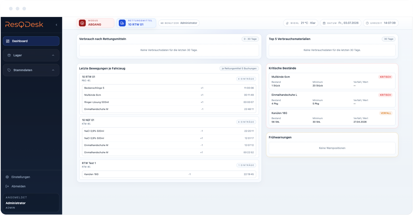 ResQDesk Dashboard mit kritischen Beständen und Bewegungen je Fahrzeug